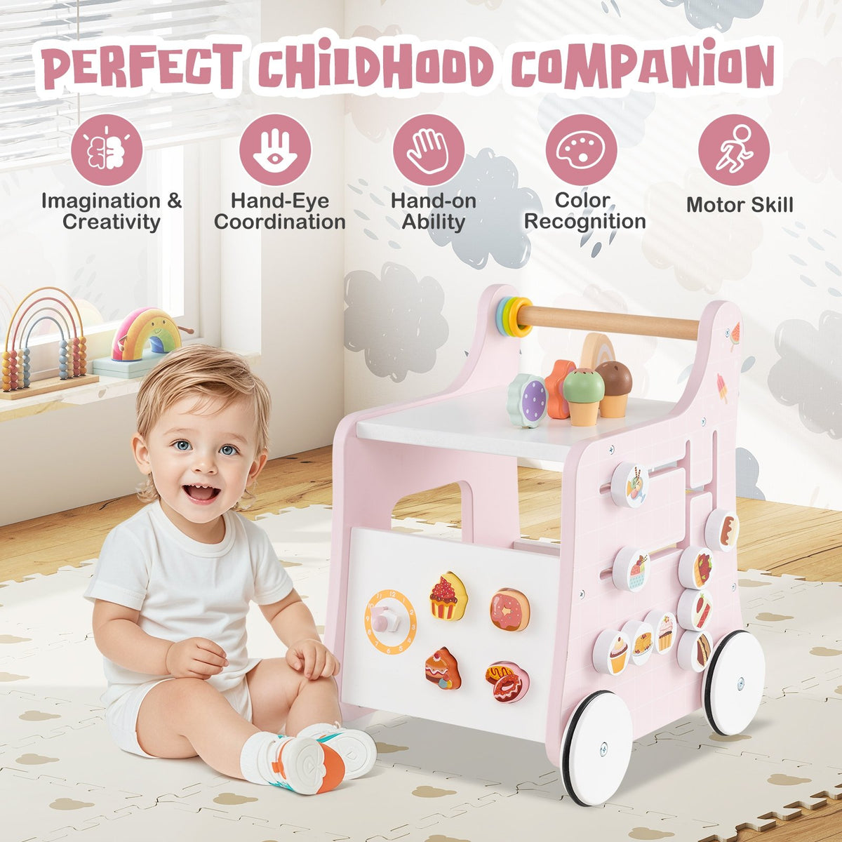 2-in-1 Baby Walker with Storage and Ice Creams for 1+ Years Old-Pink view 8