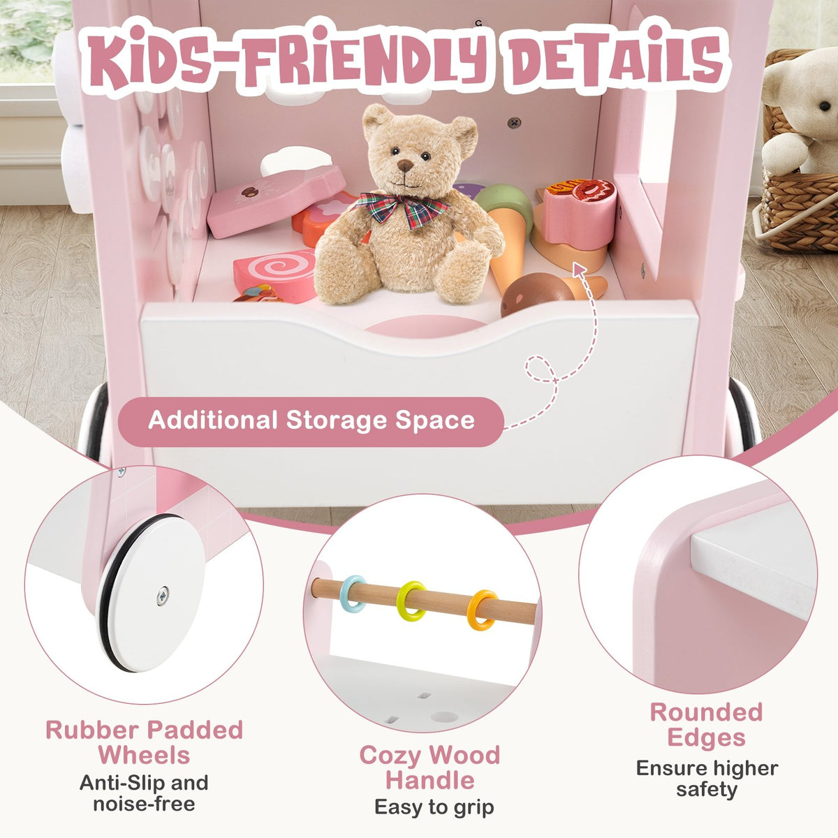 2-in-1 Baby Walker with Storage and Ice Creams for 1+ Years Old-Pink view 9