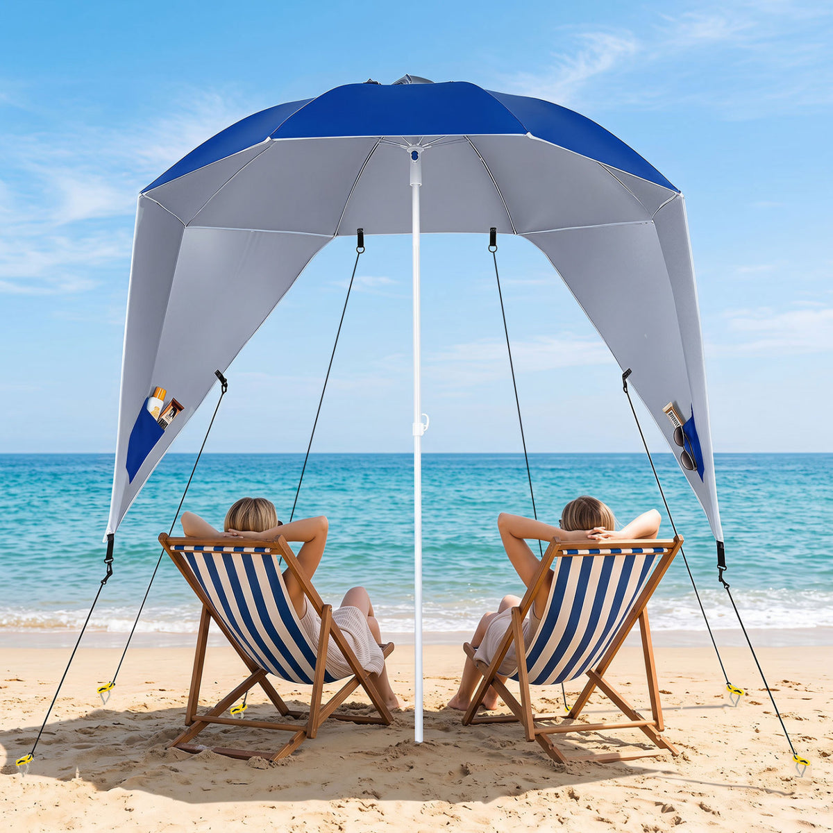 2-in-1 Beach Shelter Umbrella UPF 50+ with Side Panels for Camping Picnic-Blue view 2