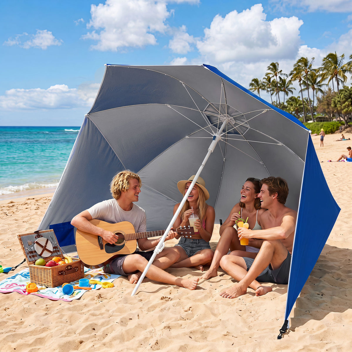 2-in-1 Beach Shelter Umbrella UPF 50+ with Side Panels for Camping Picnic-Blue view 3