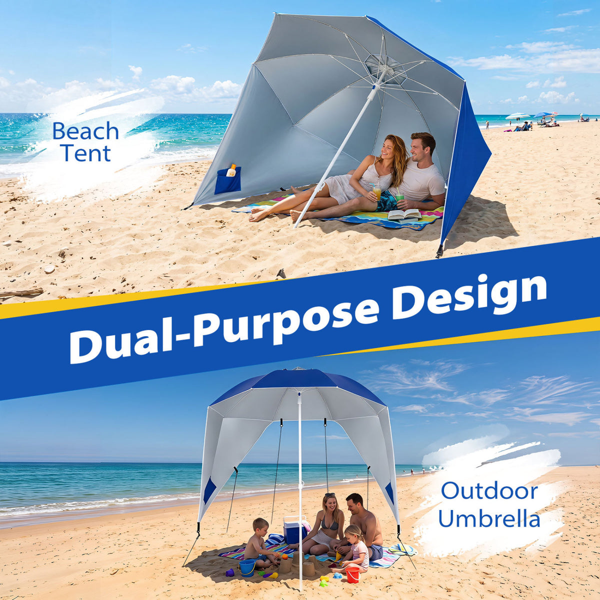 2-in-1 Beach Shelter Umbrella UPF 50+ with Side Panels for Camping Picnic-Blue view 6