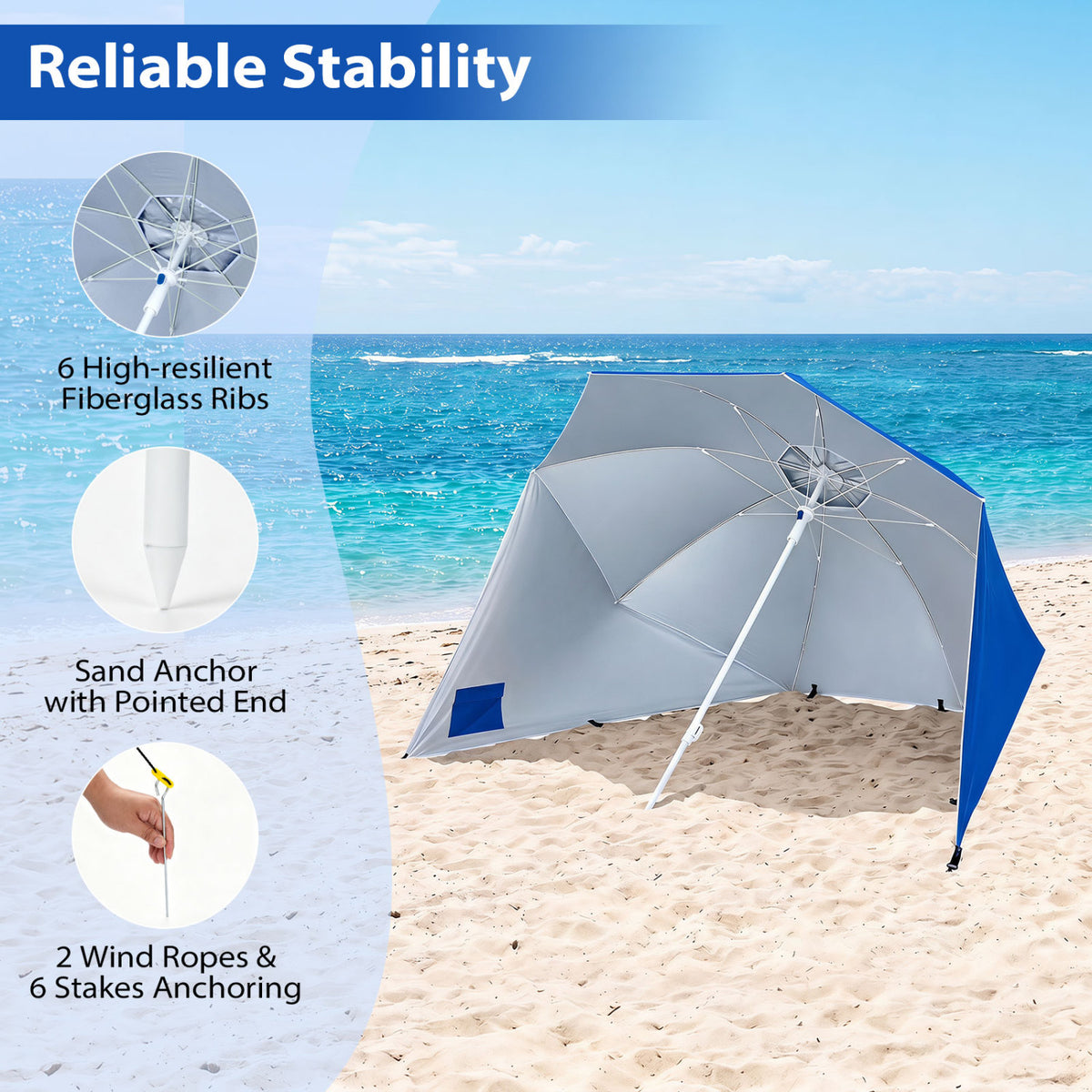 2-in-1 Beach Shelter Umbrella UPF 50+ with Side Panels for Camping Picnic-Blue view 8