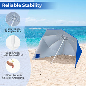 2-in-1 Beach Shelter Umbrella UPF 50+ with Side Panels for Camping Picnic-Blue view 8