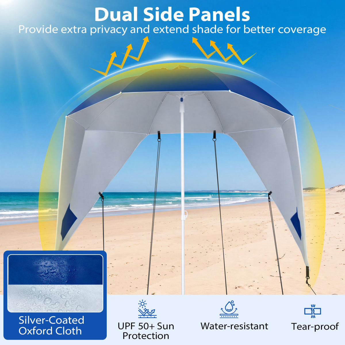 2-in-1 Beach Shelter Umbrella UPF 50+ with Side Panels for Camping Picnic-Blue view 9