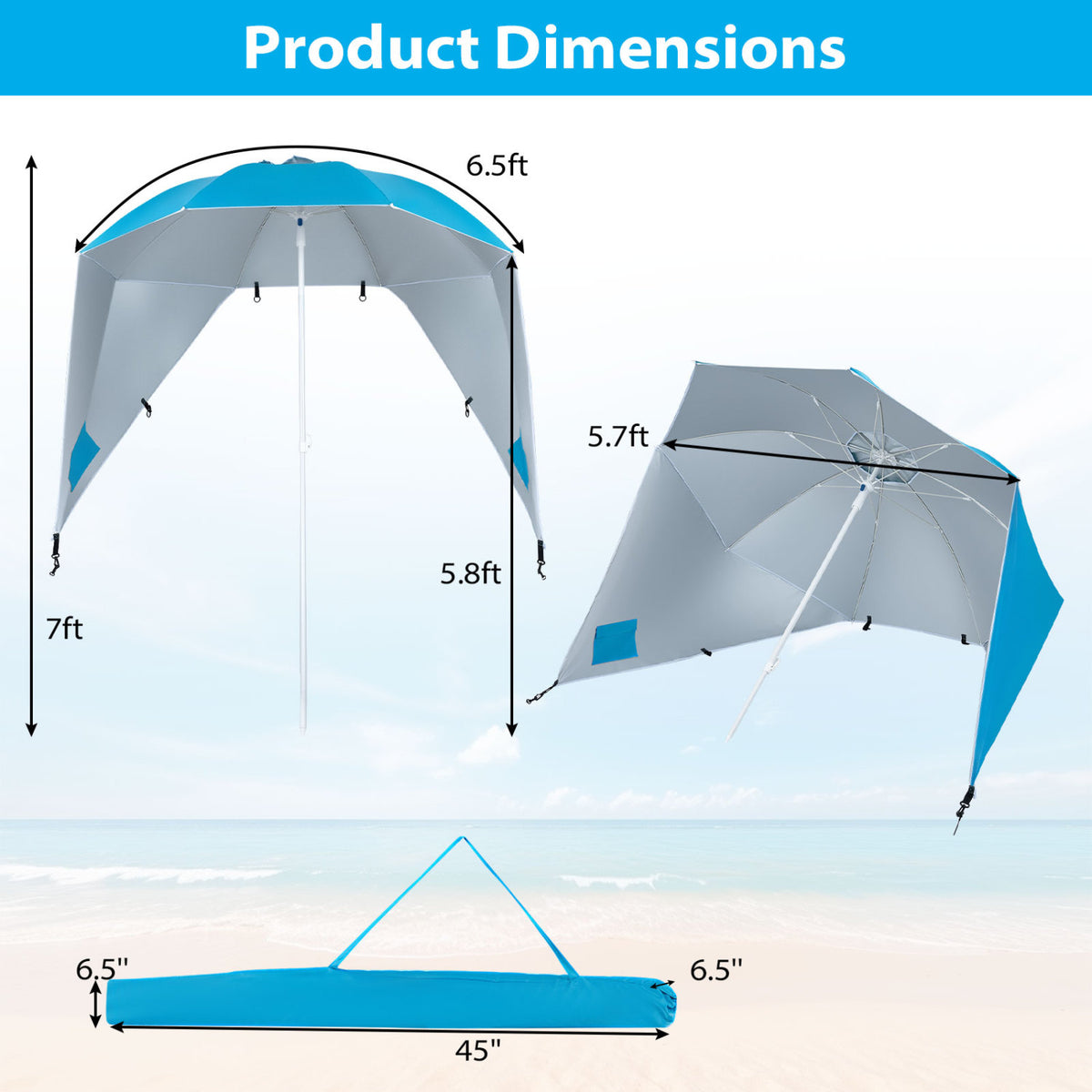 2-in-1 Beach Shelter Umbrella UPF 50+ with Side Panels for Camping Picnic-Turquoise view 5