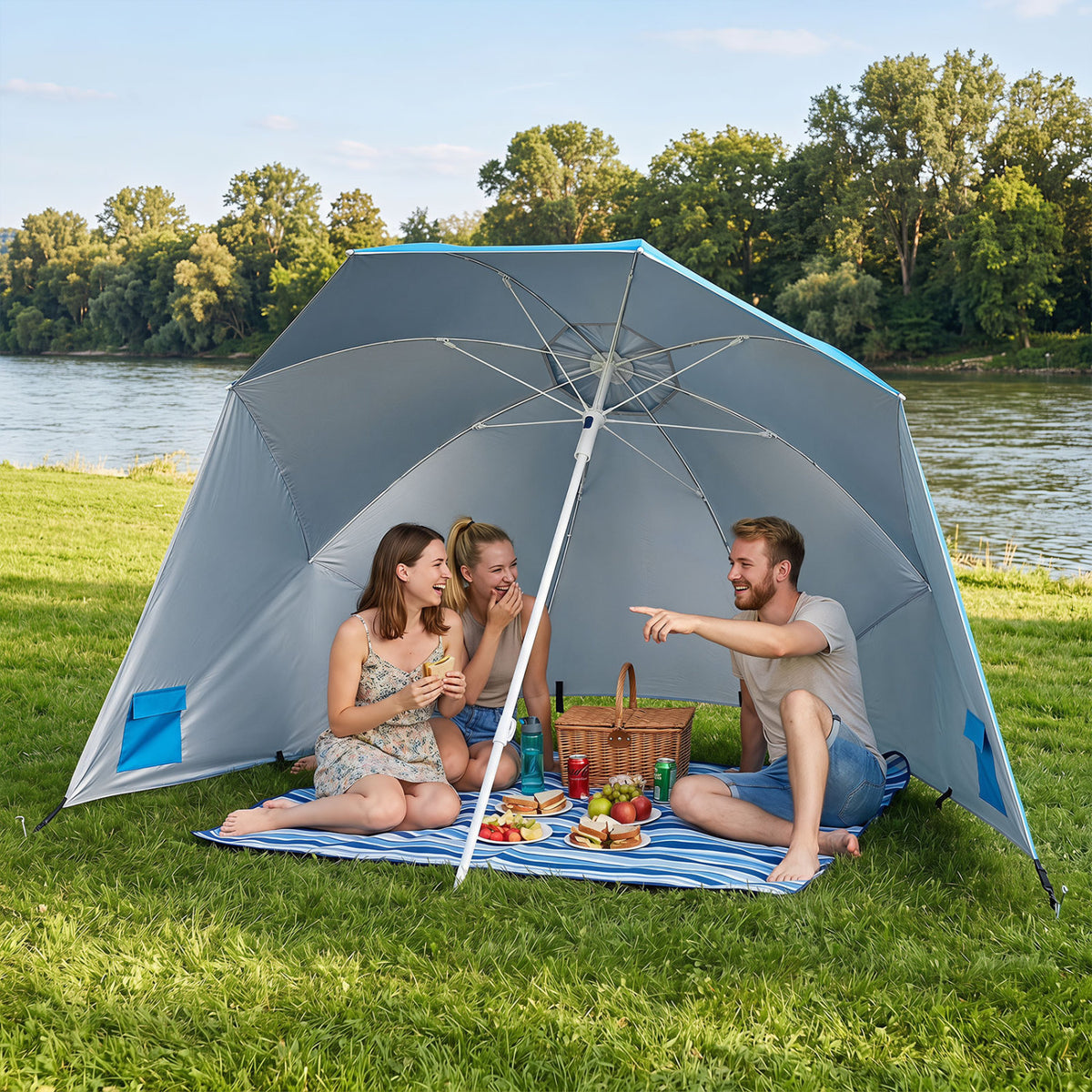 2-in-1 Beach Shelter Umbrella UPF 50+ with Side Panels for Camping Picnic-Turquoise view 6