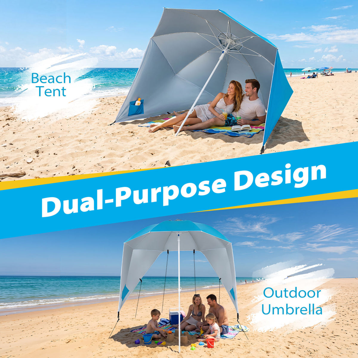 2-in-1 Beach Shelter Umbrella UPF 50+ with Side Panels for Camping Picnic-Turquoise view 7