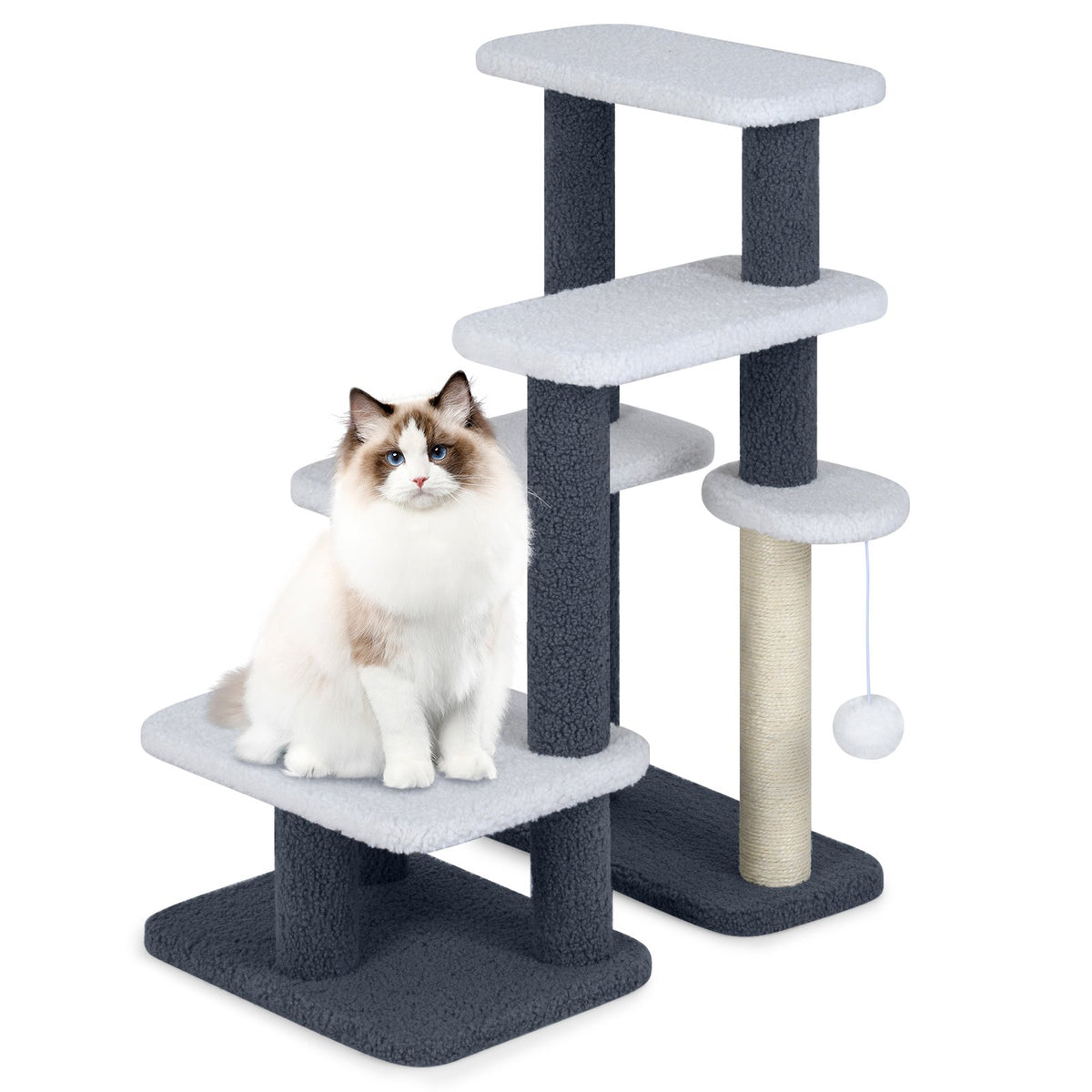 2-in-1 Cat Stairs Cat Tree Tower with Scratching Posts and Hanging Toy Ball-Gray view 4