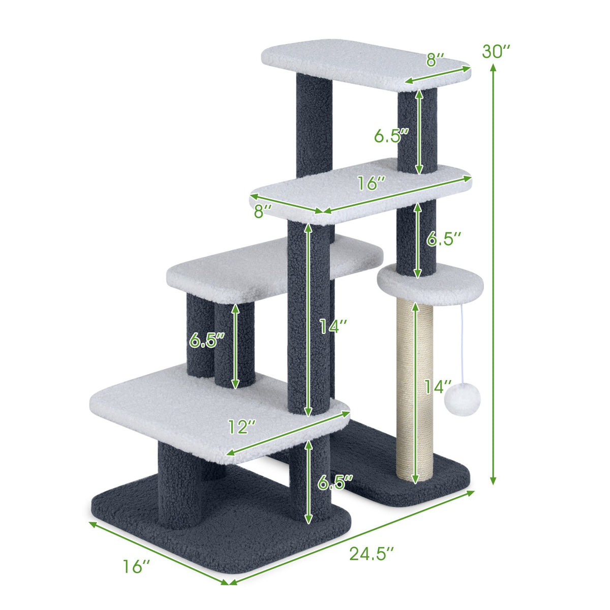2-in-1 Cat Stairs Cat Tree Tower with Scratching Posts and Hanging Toy Ball-Gray view 5