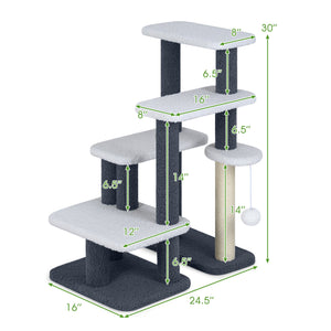 2-in-1 Cat Stairs Cat Tree Tower with Scratching Posts and Hanging Toy Ball-Gray view 5