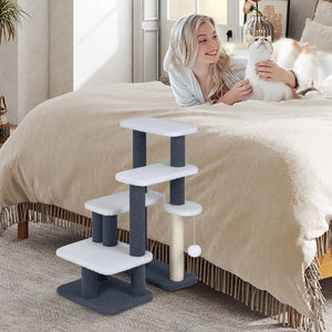 2-in-1 Cat Stairs Cat Tree Tower with Scratching Posts and Hanging Toy Ball-Gray view 6
