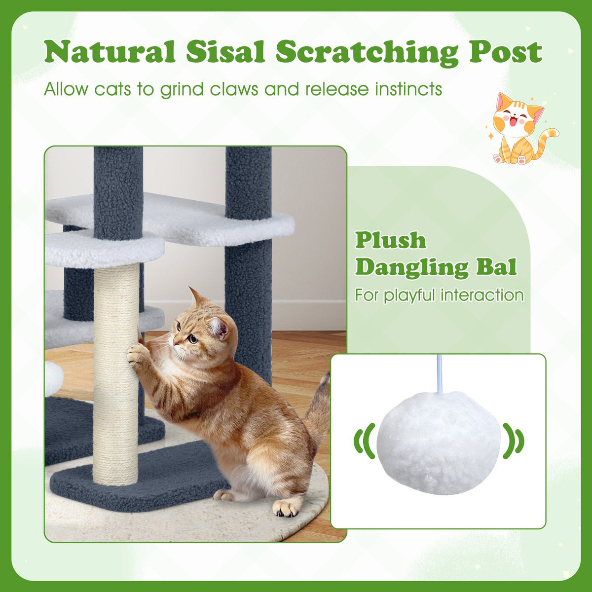 2-in-1 Cat Stairs Cat Tree Tower with Scratching Posts and Hanging Toy Ball-Gray view 9
