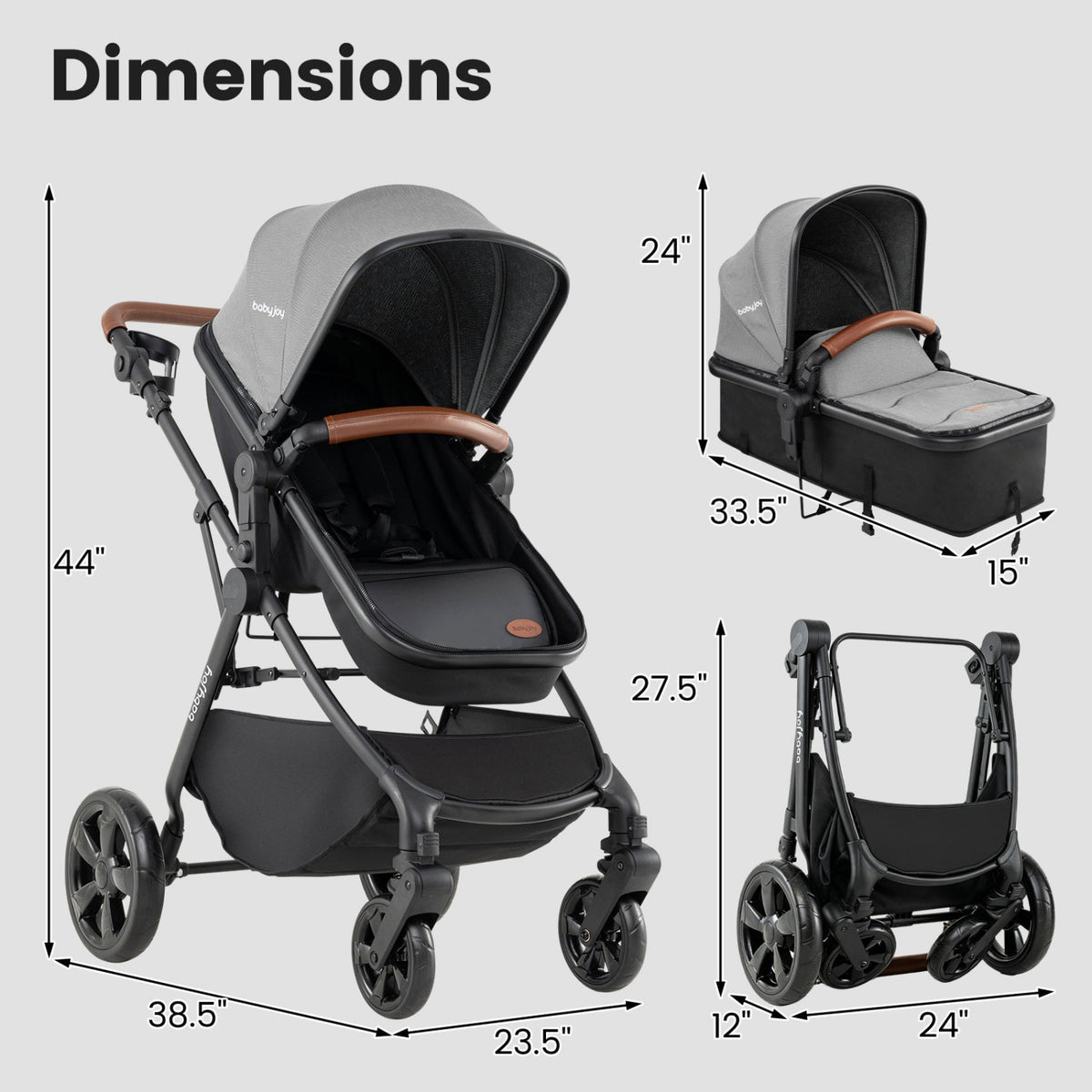 2-in-1 Convertible Baby Stroller with Car Seat Adapters-Gray view 4