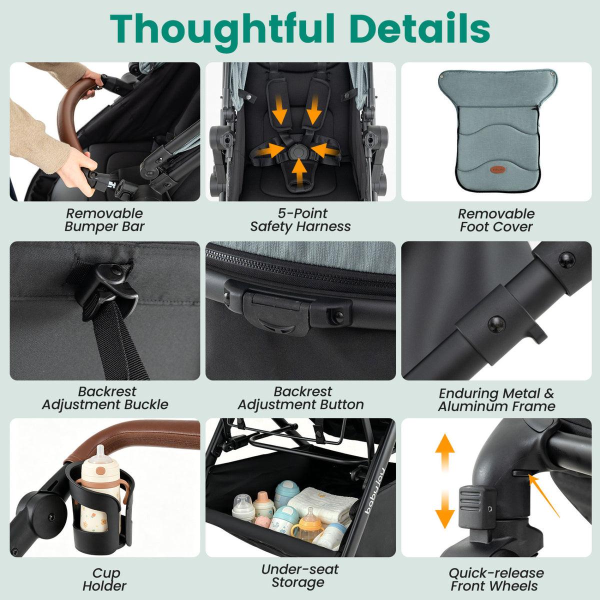 2-in-1 Convertible Baby Stroller with Car Seat Adapters-Turquoise view 6