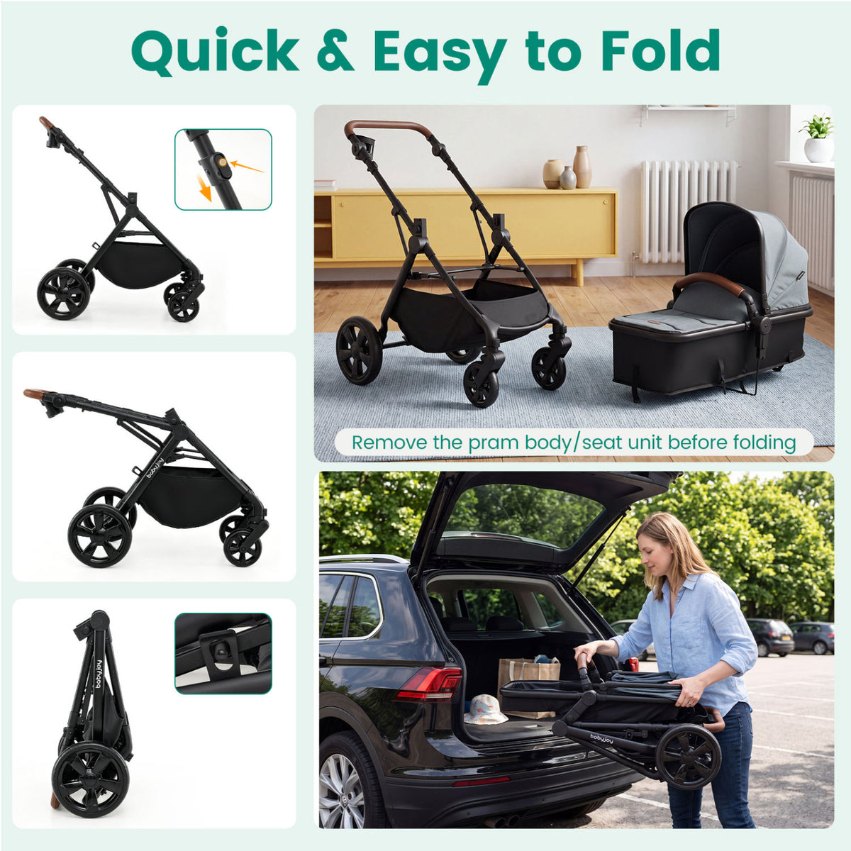 2-in-1 Convertible Baby Stroller with Car Seat Adapters-Turquoise view 8