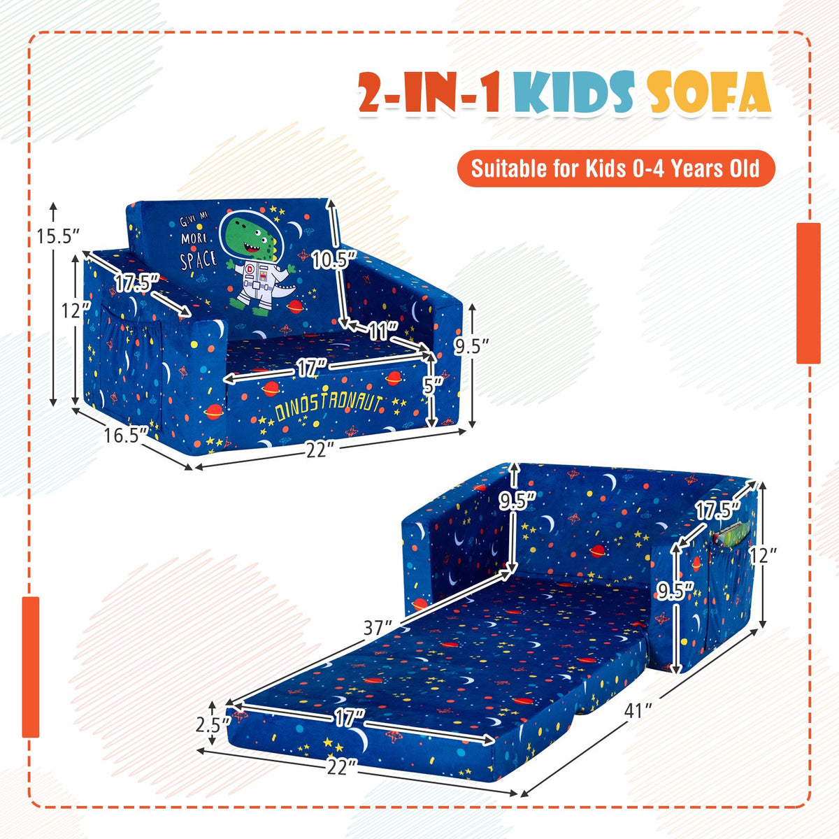 2-in-1 Convertible Kids Sofa with Velvet Fabric-Blue view 4