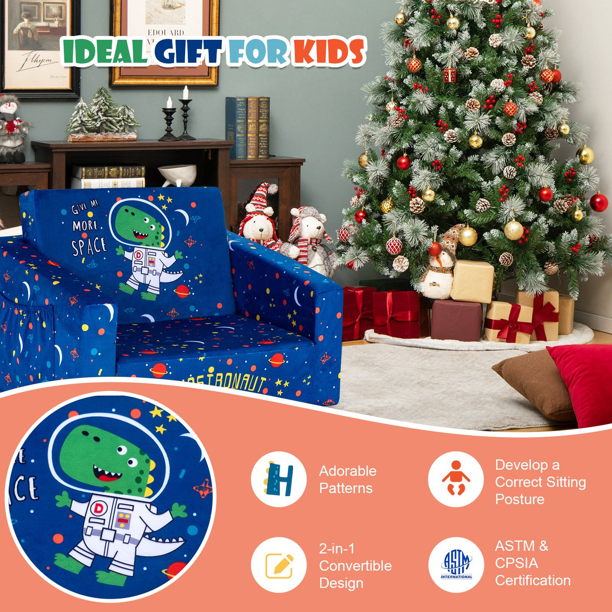 2-in-1 Convertible Kids Sofa with Velvet Fabric-Blue view 9
