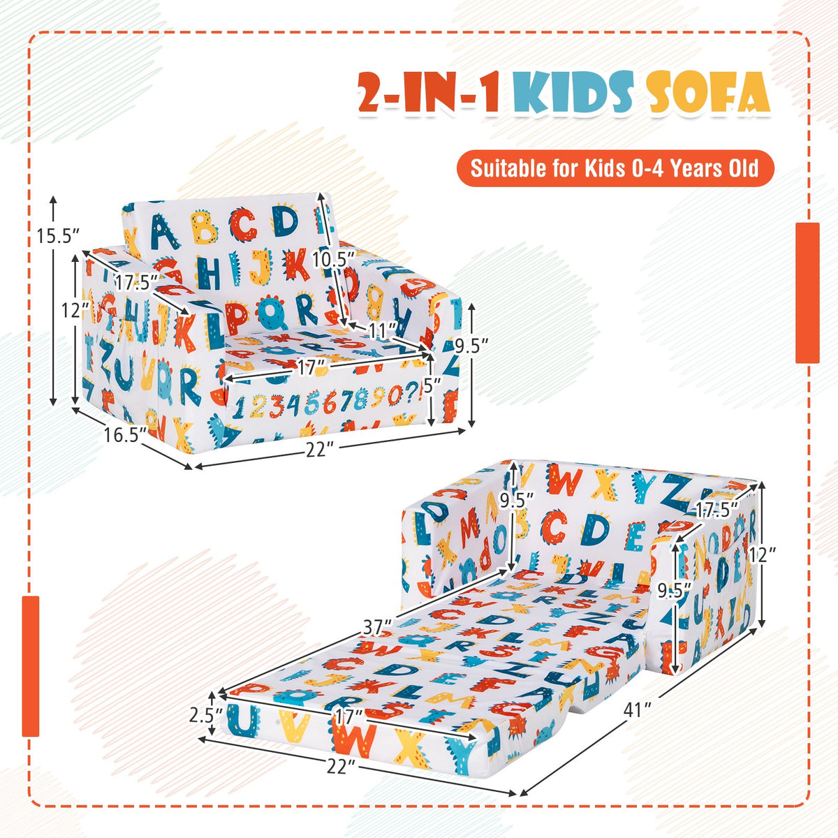 2-in-1 Convertible Kids Sofa with Velvet Fabric-Multicolor view 4
