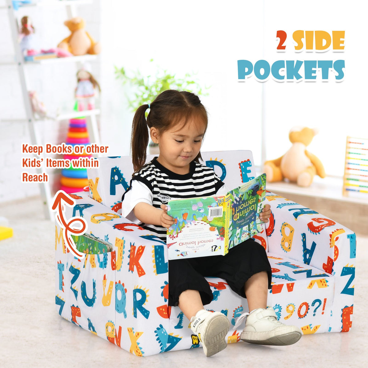 2-in-1 Convertible Kids Sofa with Velvet Fabric-Multicolor view 7