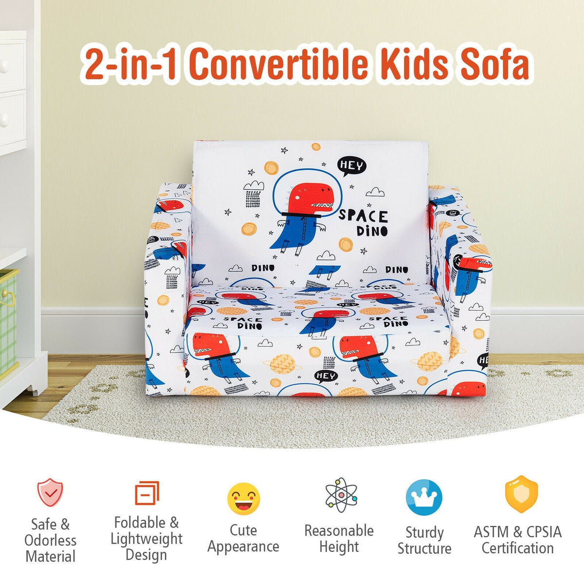2-in-1 Convertible Kids Sofa with Velvet Fabric-White view 3