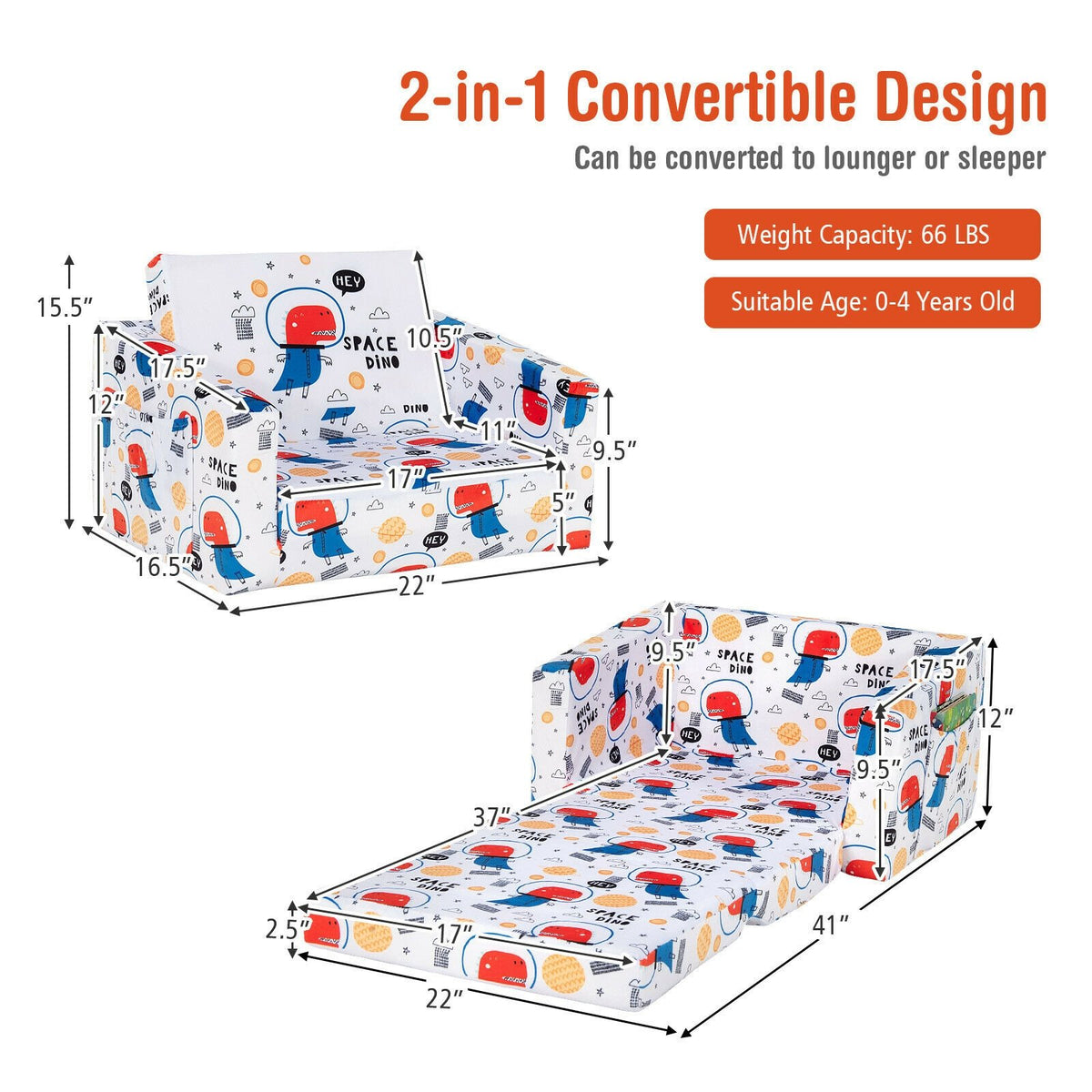 2-in-1 Convertible Kids Sofa with Velvet Fabric-White view 4