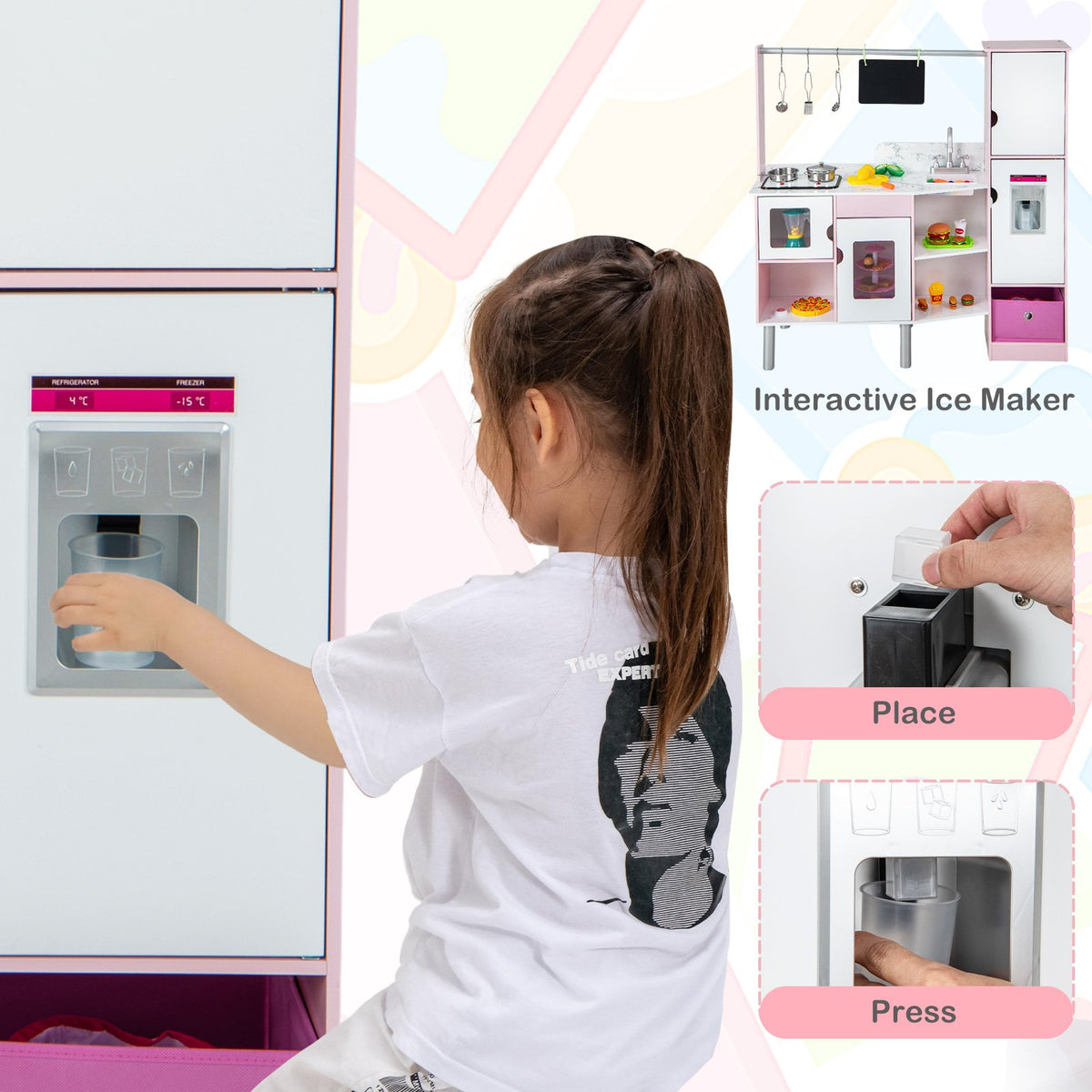 2-in-1 Double-sided Kids Kitchen and Market with Realistic Light and Sound-Pink view 7
