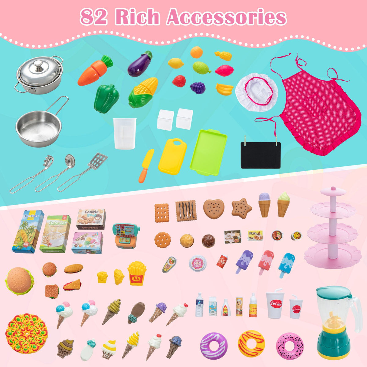2-in-1 Double-sided Kids Kitchen and Market with Realistic Light and Sound-Pink view 9