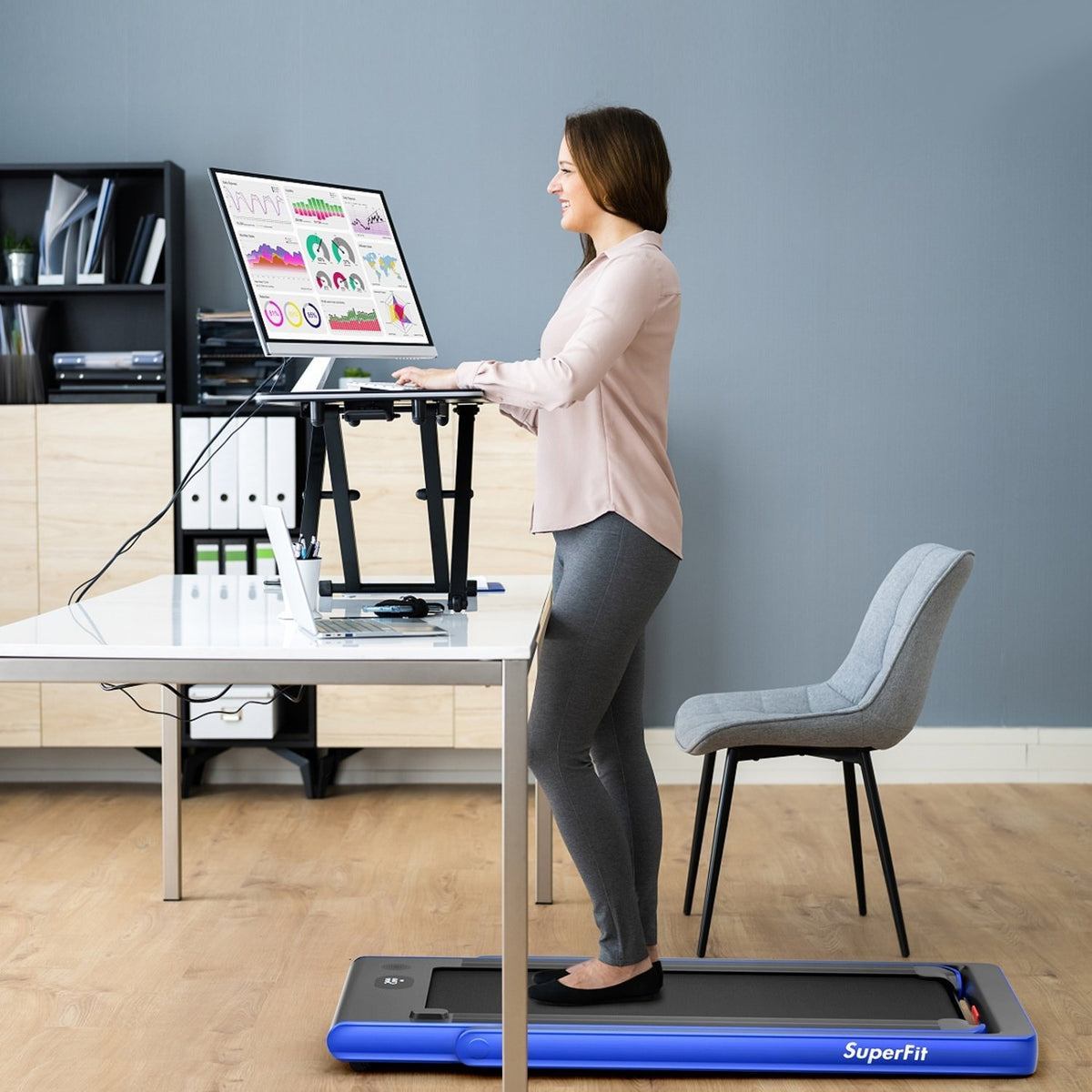 2-in-1 Electric Motorized Health and Fitness Folding Treadmill with Dual Display-Blue view 2