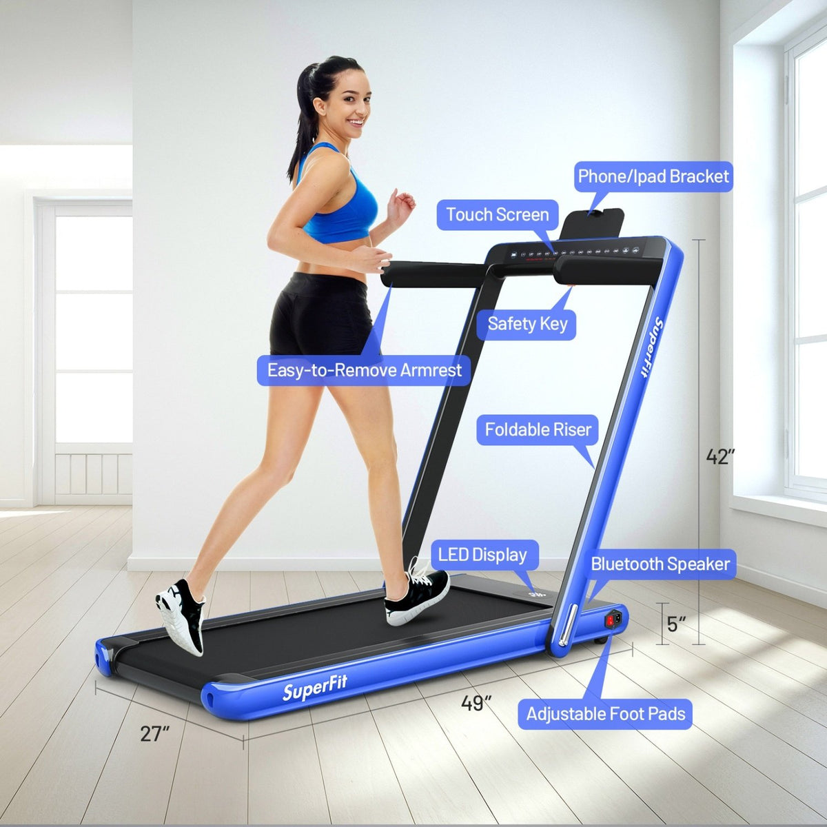 2-in-1 Electric Motorized Health and Fitness Folding Treadmill with Dual Display-Blue view 4