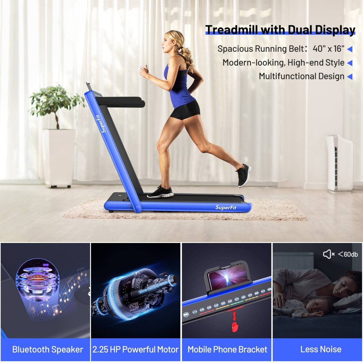 2-in-1 Electric Motorized Health and Fitness Folding Treadmill with Dual Display-Blue view 7