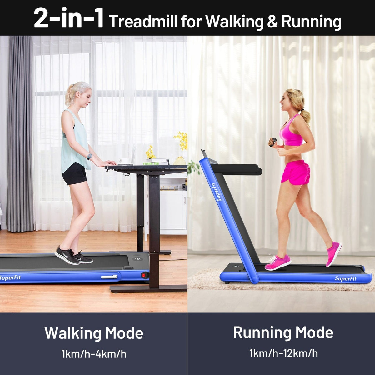 2-in-1 Electric Motorized Health and Fitness Folding Treadmill with Dual Display-Blue view 9