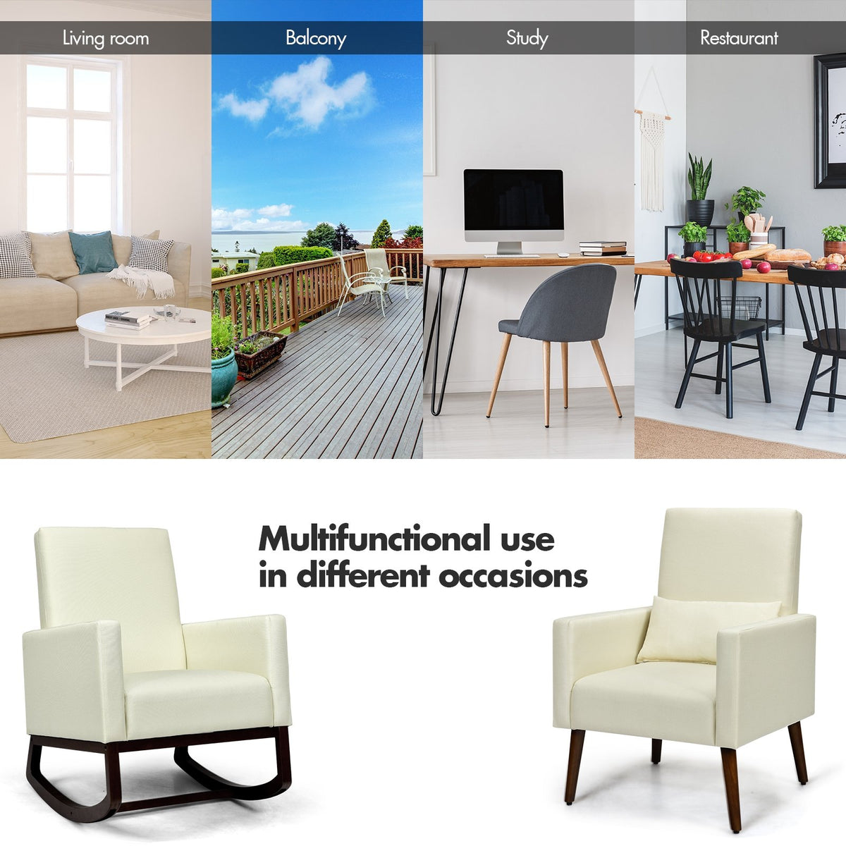2-in-1 Fabric Upholstered Rocking Chair with Pillow-Beige view 6