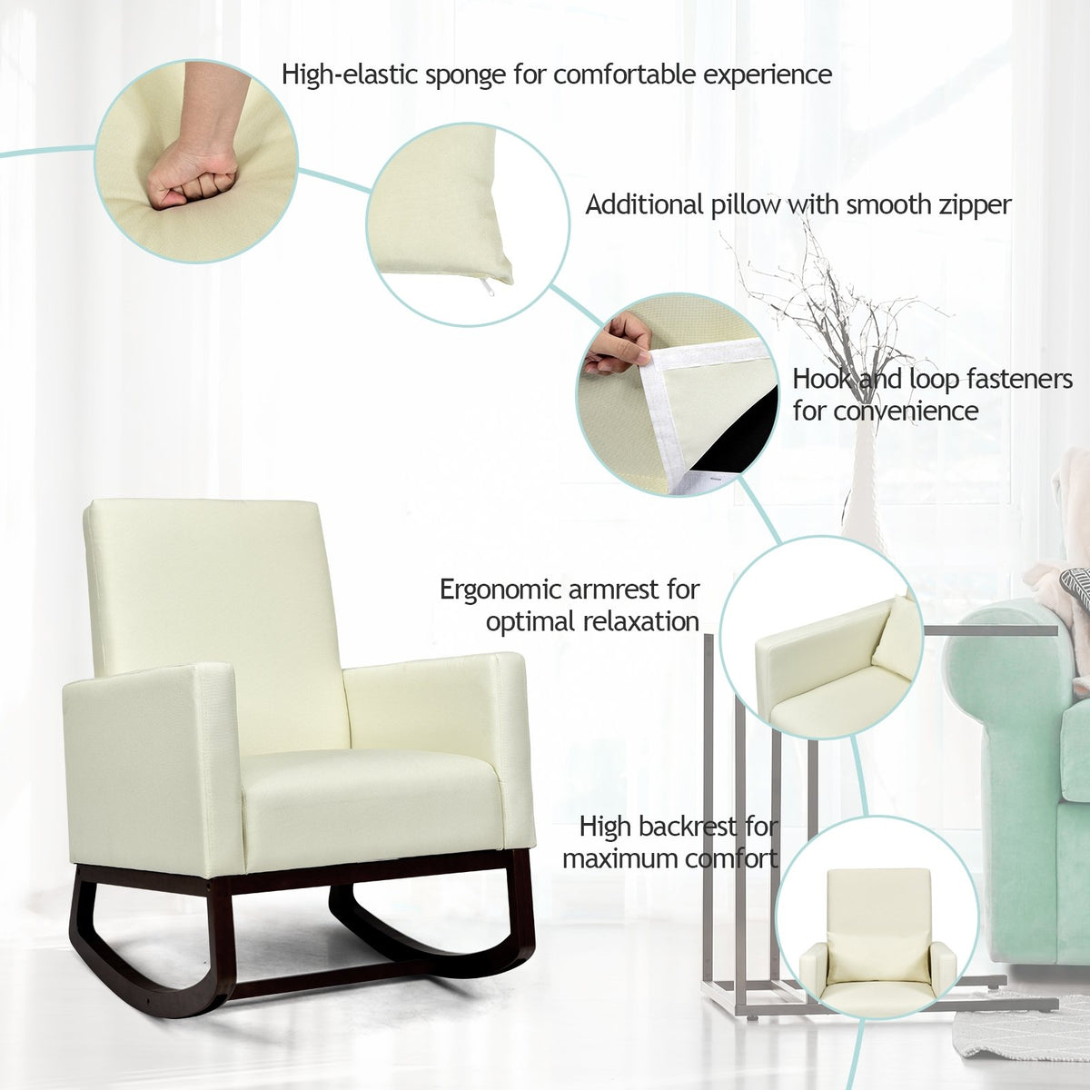 2-in-1 Fabric Upholstered Rocking Chair with Pillow-Beige view 7