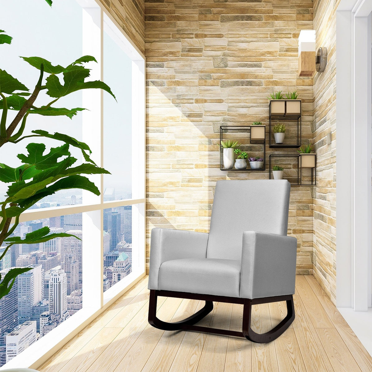 2-in-1 Fabric Upholstered Rocking Chair with Pillow-Light Gray view 3