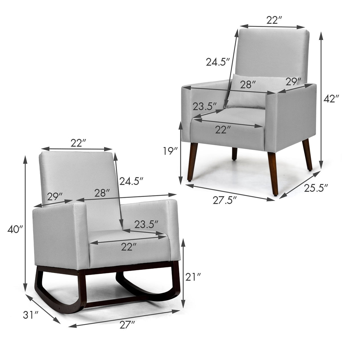 2-in-1 Fabric Upholstered Rocking Chair with Pillow-Light Gray view 5