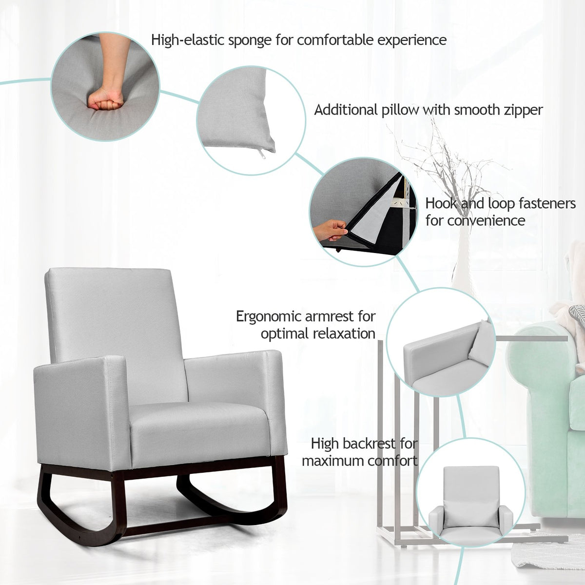 2-in-1 Fabric Upholstered Rocking Chair with Pillow-Light Gray view 7