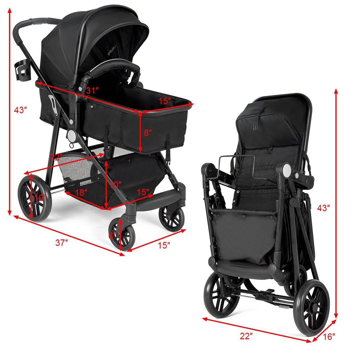 2 in 1 Foldable Pushchair Newborn Infant Baby Stroller-Black view 4