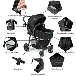 2 in 1 Foldable Pushchair Newborn Infant Baby Stroller-Black view 5