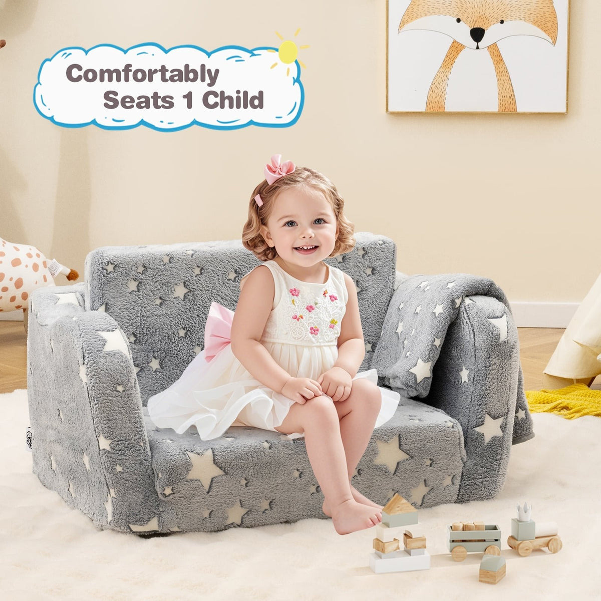2-in-1 Folding Kids Couch with Blanket Glow in the Dark-Gray view 2