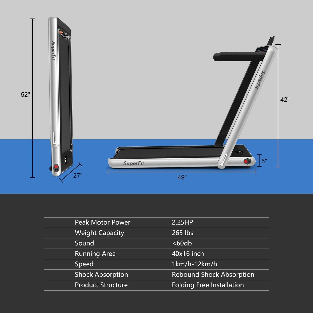 2-in-1 Electric Motorized Health and Fitness Folding Treadmill with Dual Display-Silver view 5