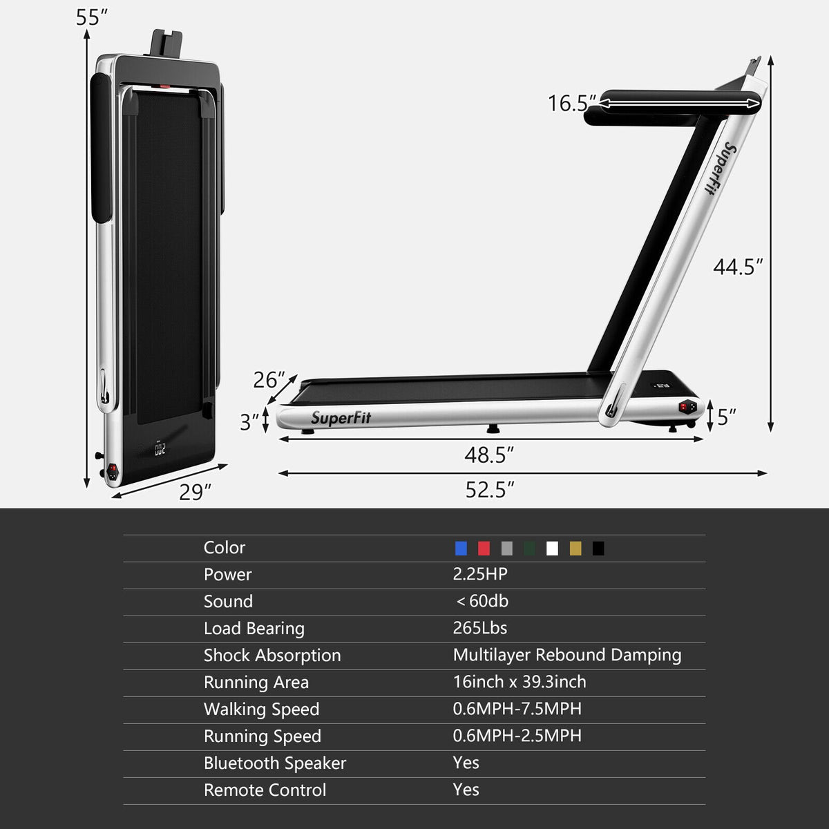 2.25HP 2 in 1 Folding Treadmill with APP Speaker Remote Control-Silver view 3