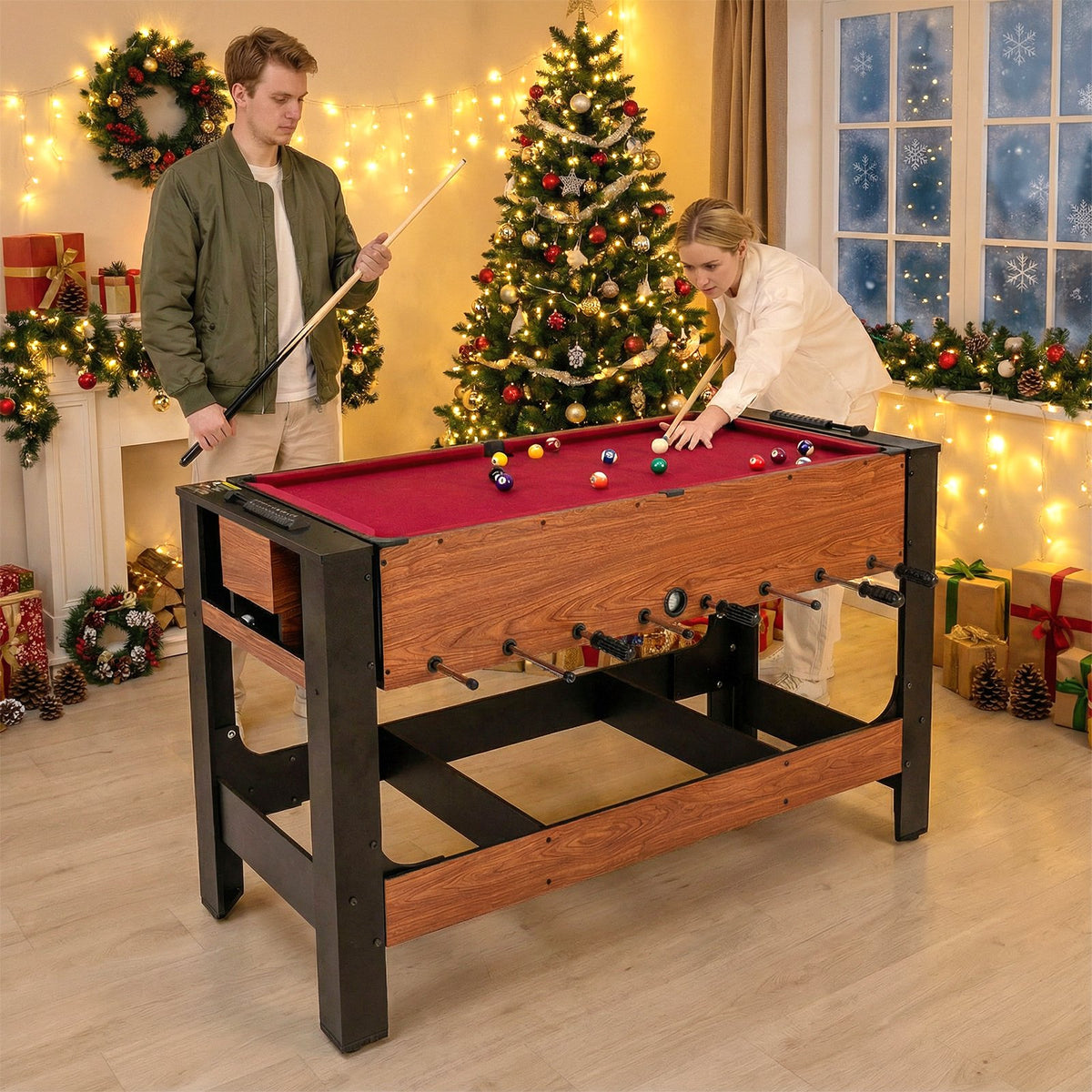 2-in-1 Full Size Foosball and Pool Combo Table with Legs-Black & Brown view 3