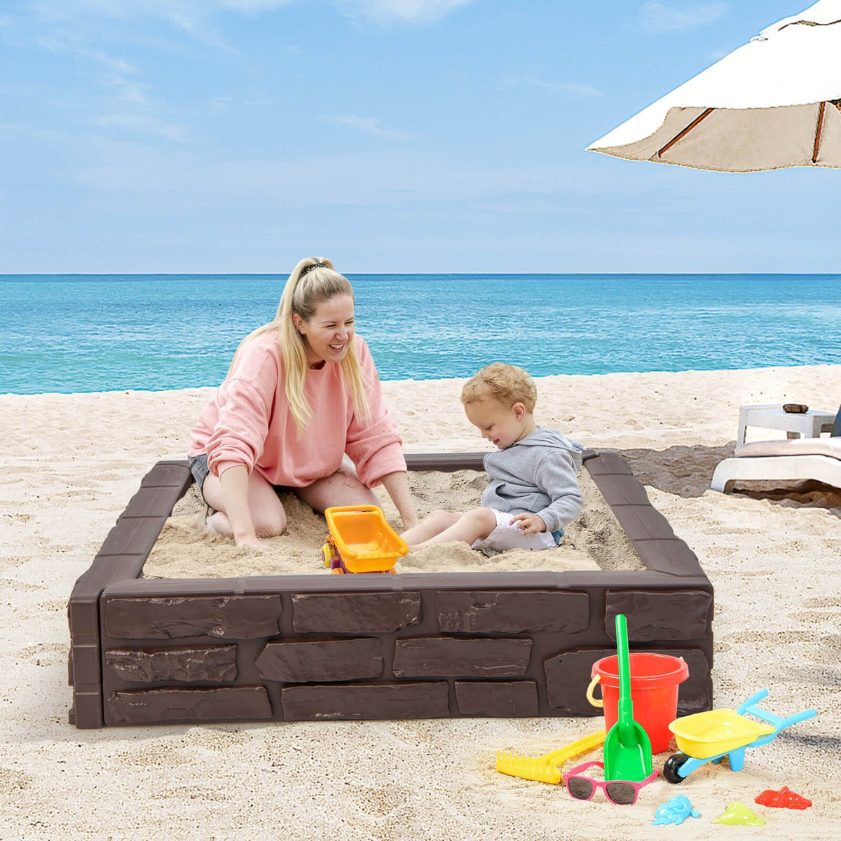 2-In-1 HDPE Kids Sandbox with Cover and Bottom Liner-Brown view 2