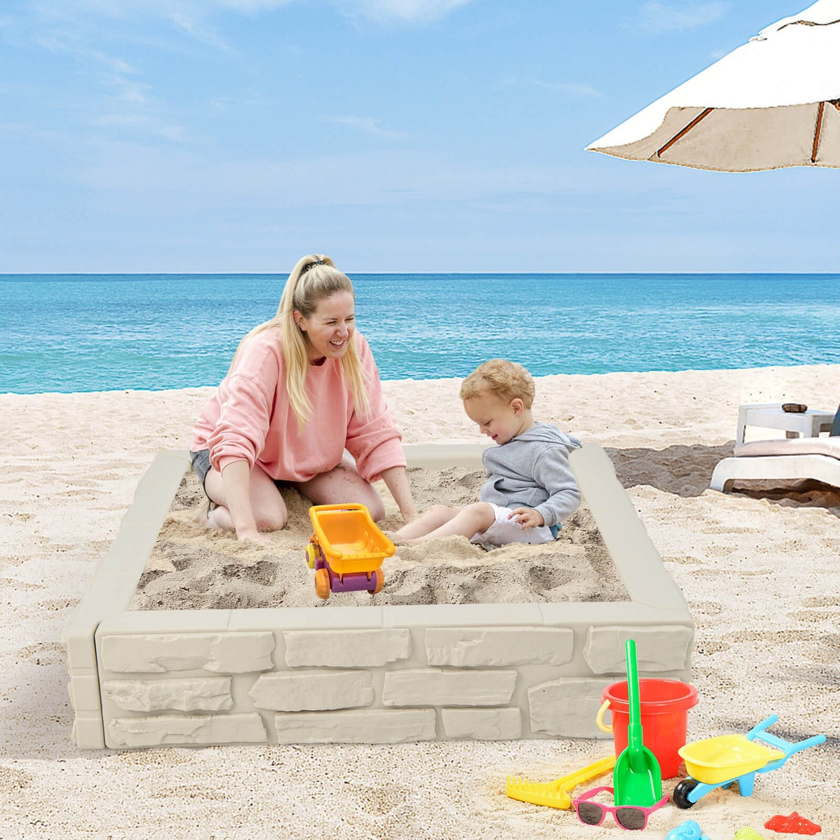 2-In-1 HDPE Kids Sandbox with Cover and Bottom Liner-White view 2