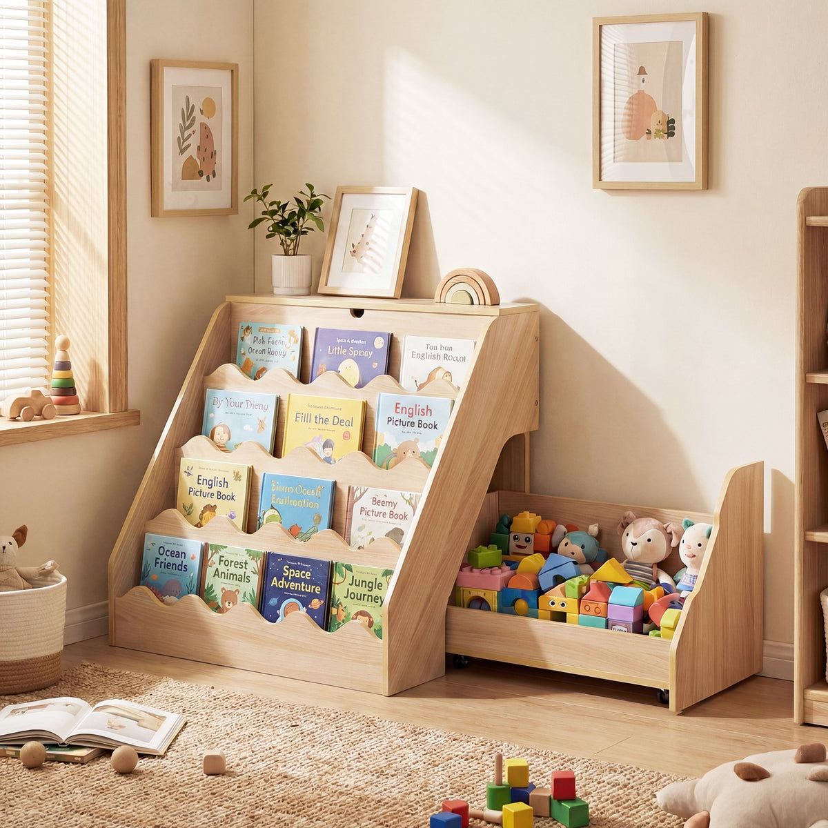 2-In-1 Kids Bookshelf & Toy Storage Organizer-Natural view 2