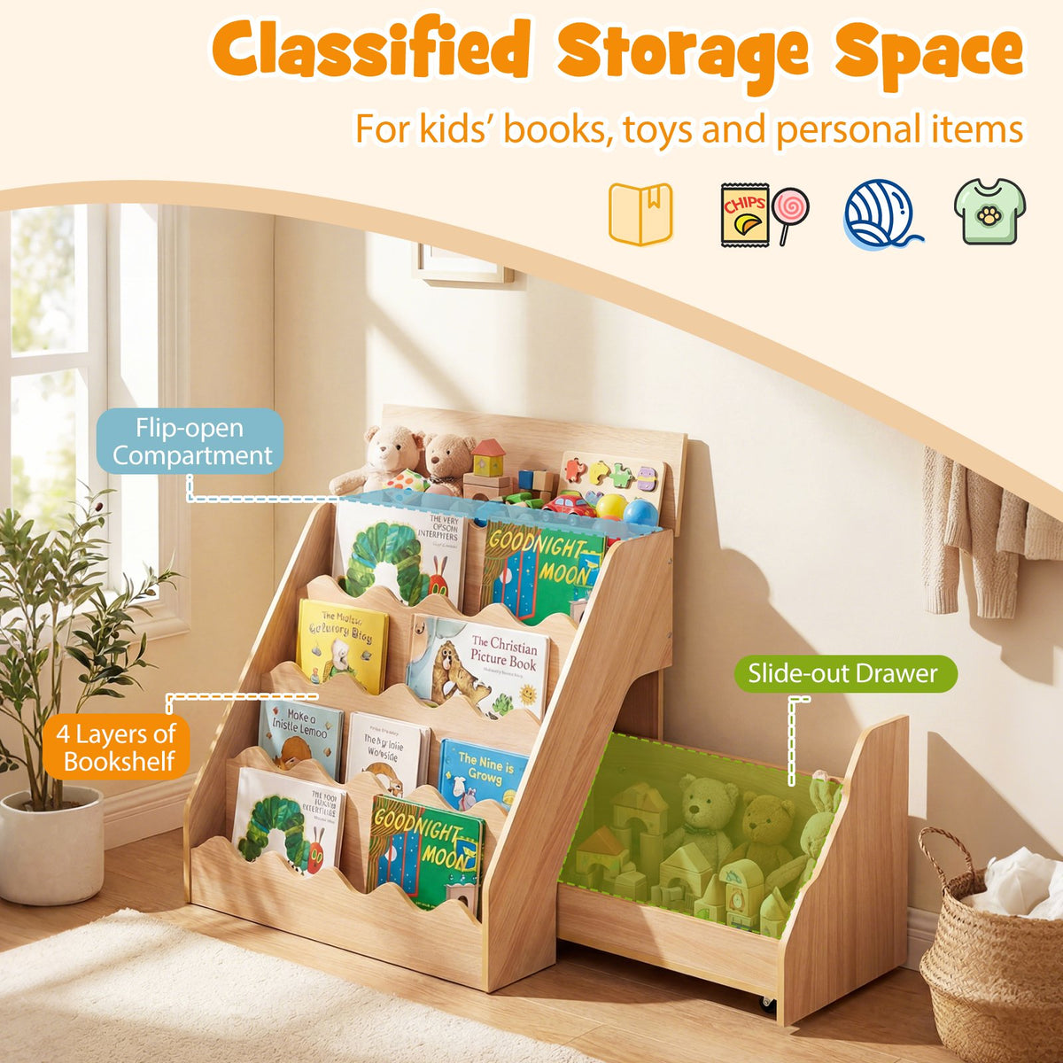 2-In-1 Kids Bookshelf & Toy Storage Organizer-Natural view 7
