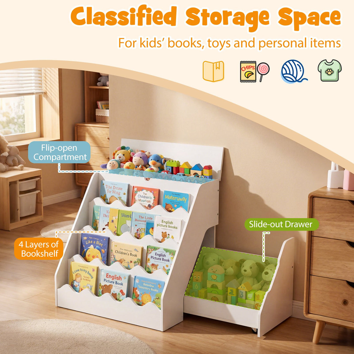 2-In-1 Kids Bookshelf & Toy Storage Organizer-White view 7