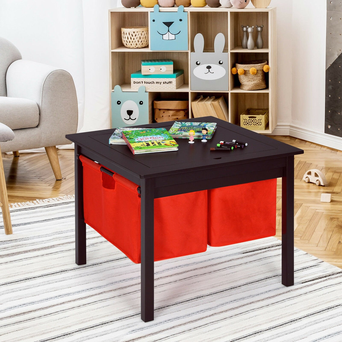 2-in-1 Kids Double-sided Activity Building Block Table with Drawers-Brown view 2