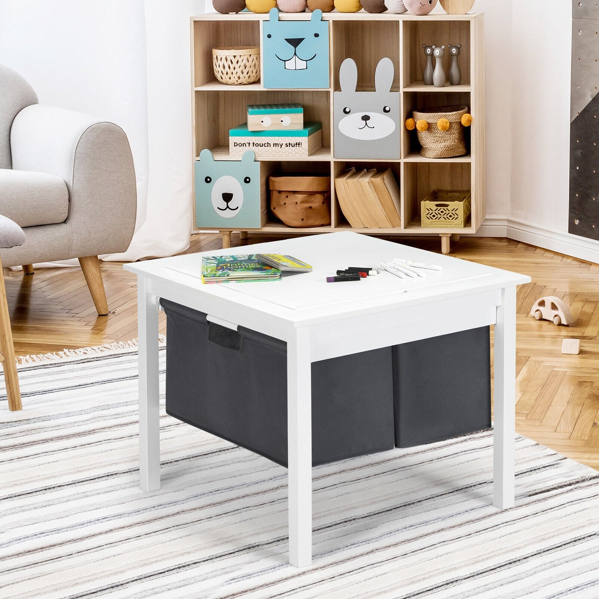2-in-1 Kids Double-sided Activity Building Block Table with Drawers-White view 3