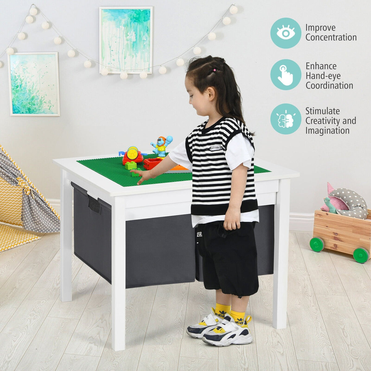 2-in-1 Kids Double-sided Activity Building Block Table with Drawers-White view 6
